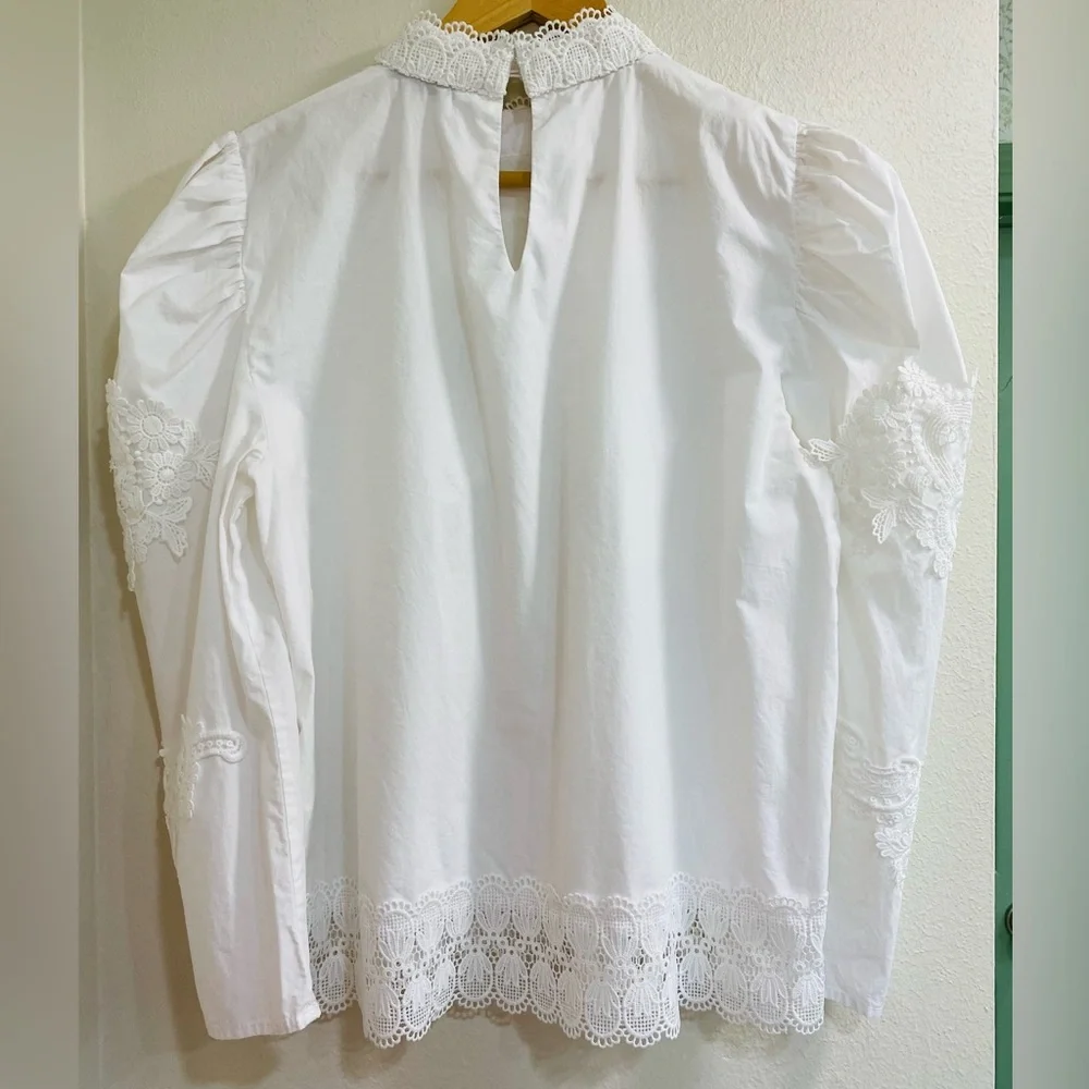 Zara white High neck long-sleeve Lace Puff Sleeve Victorian Blouse Large